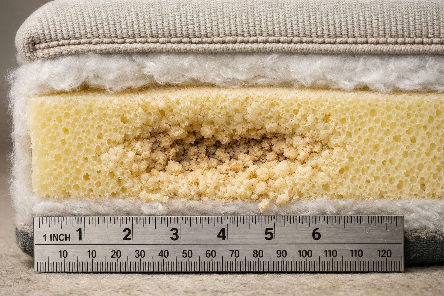 Cutaway cushion cross-section showing a compressed dead spot in the foam core beneath the seating area