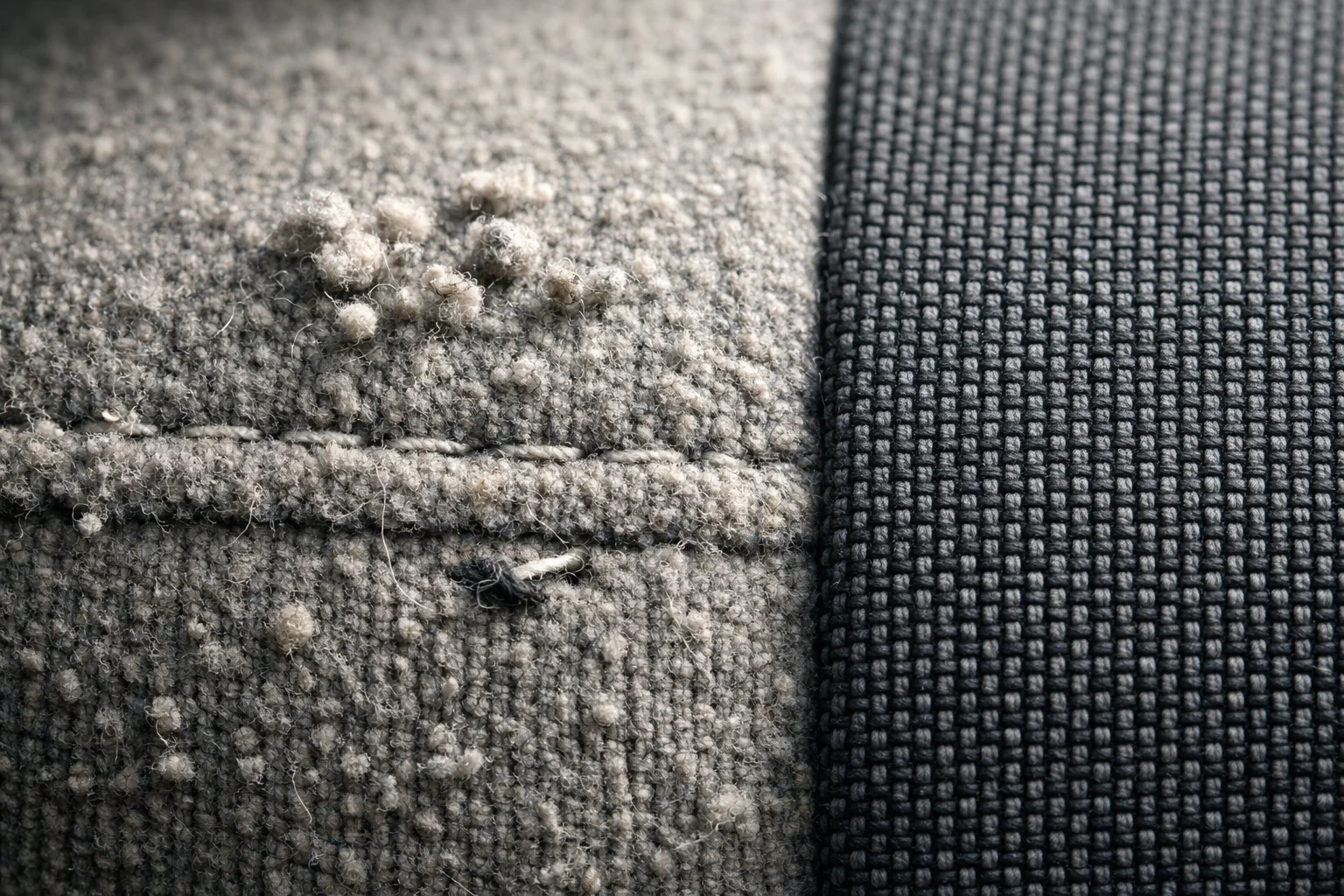 Close-up of fabric pilling and seam abrasion compared with a tighter contract-grade weave