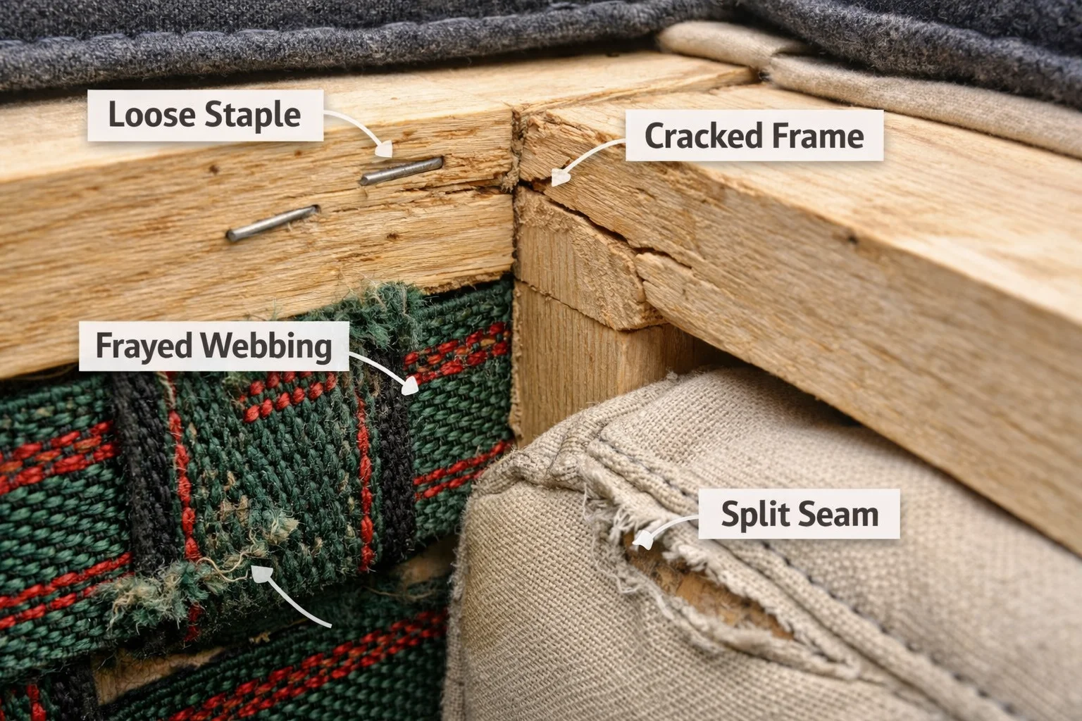 Close-up of sofa frame joints and seams during a post-delivery inspection window