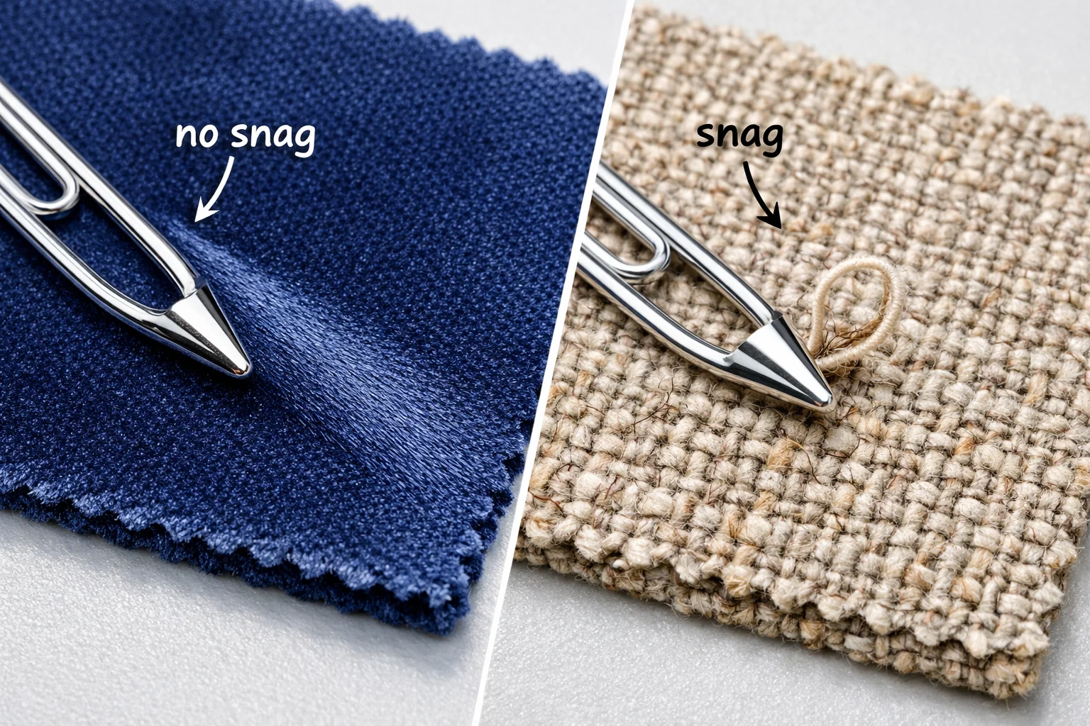 Paperclip snag test demonstrating velvet gliding clean while linen catches and pulls a thread