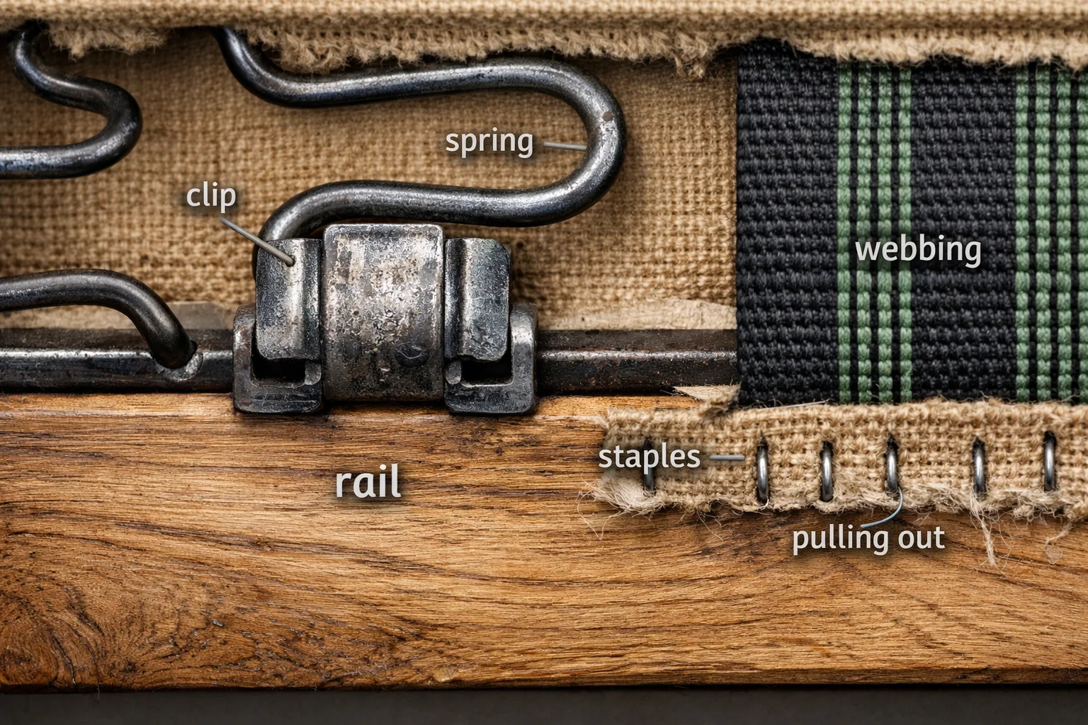 Close-up cutaway of sofa suspension showing spring clips and rails where concentrated use can loosen support
