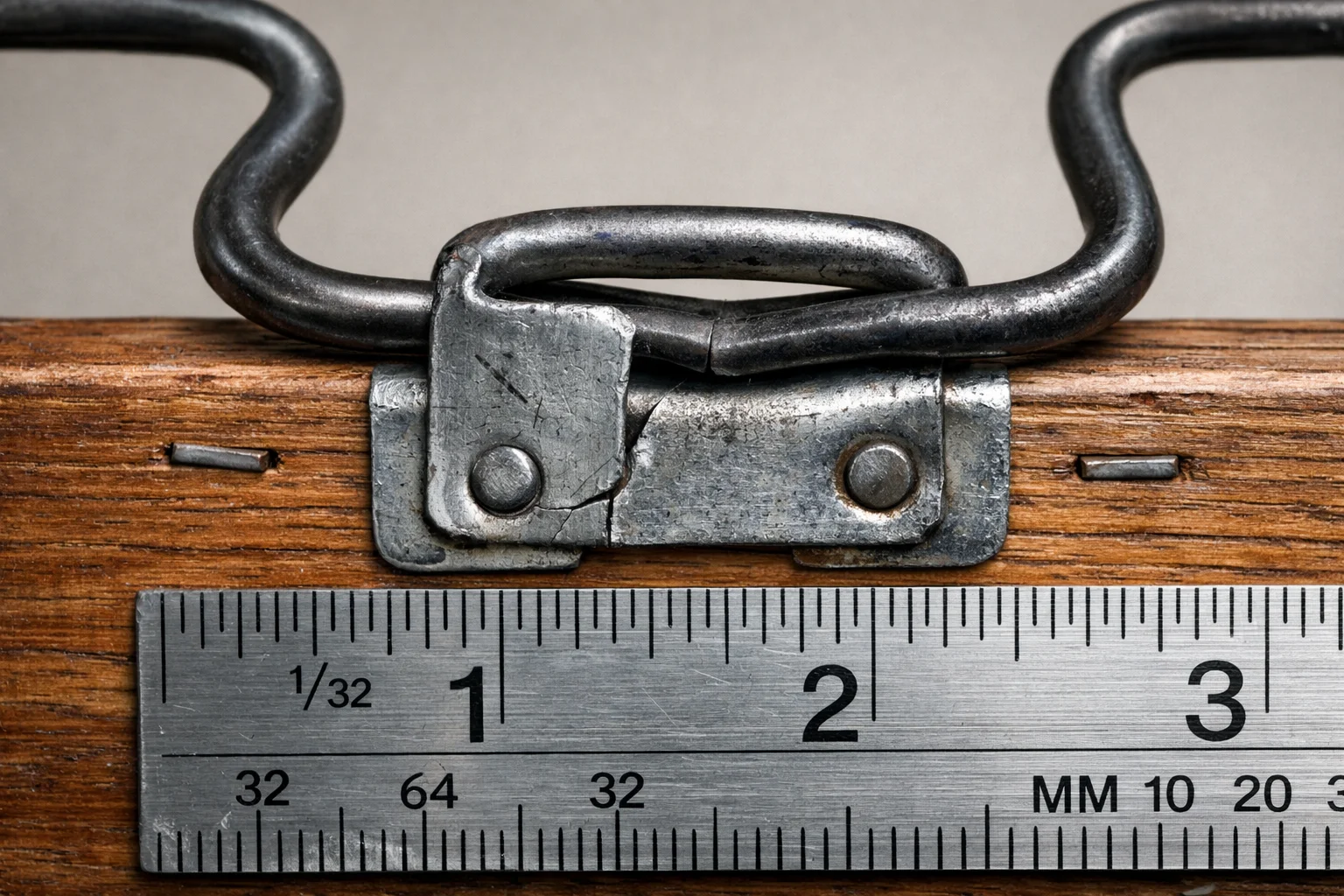Close-up of a sinuous spring clip and bracket showing deformation and uneven spring set at the front rail