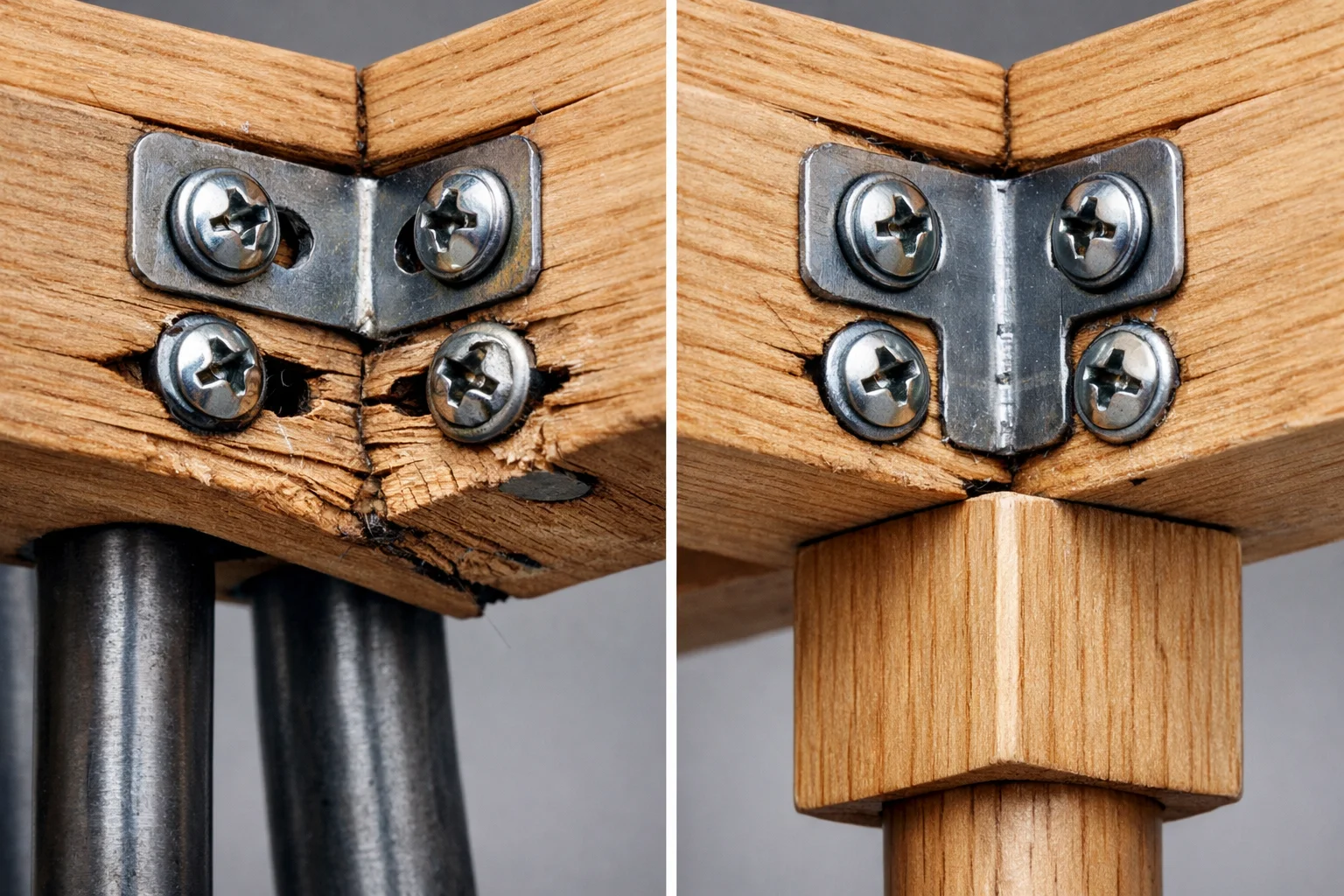 Underside corner wedge frame showing how missing corner legs leads to fastener shear and sag