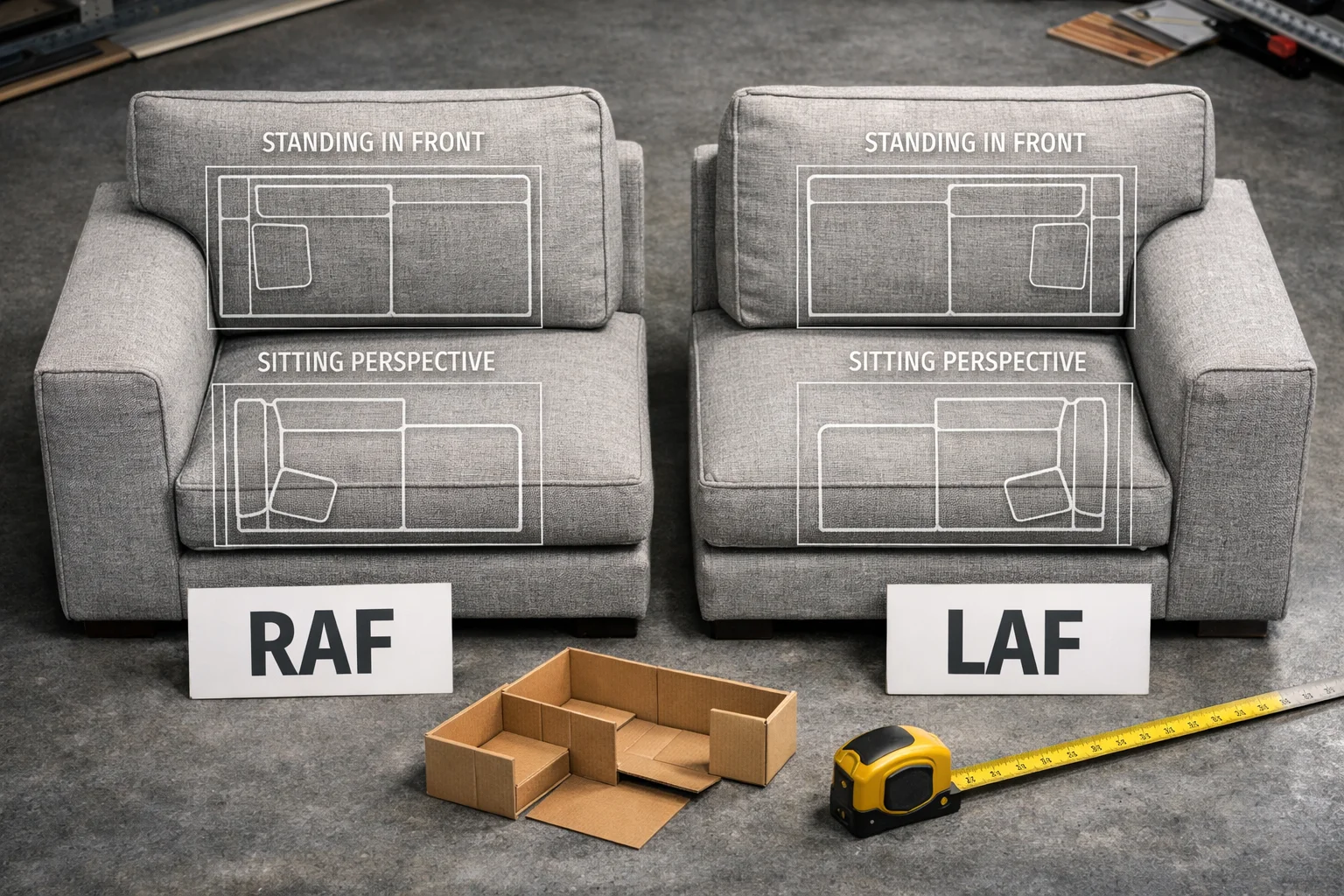 Mirrored sectional arm modules labeled RAF and LAF with a schematic showing how orientation is determined