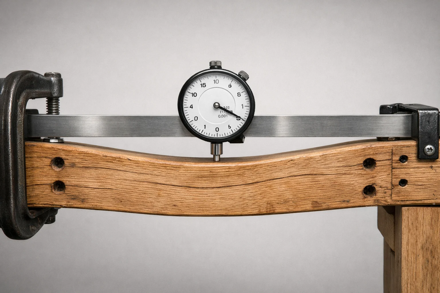Close-up of a sectional chaise side rail with a straightedge and dial indicator measuring a bowed, sagging span