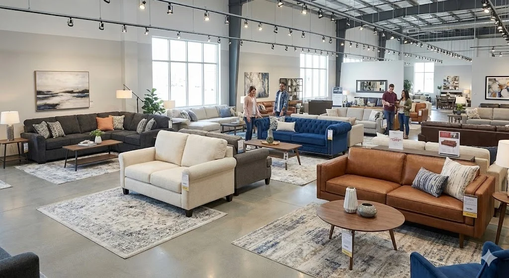 Showroom furniture shopping showing various sofa styles and layouts