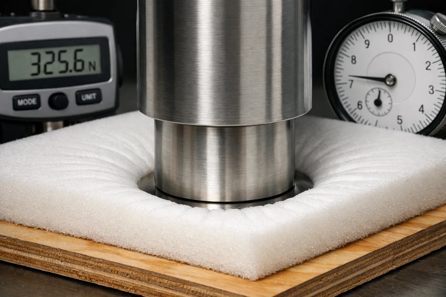 Close-up of a metal indenter compressing a white foam slab on a plywood base, showing near-bottomed-out deformation