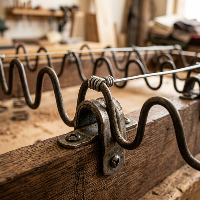 Close up of a sinuous spring attachment clip and tie wire
