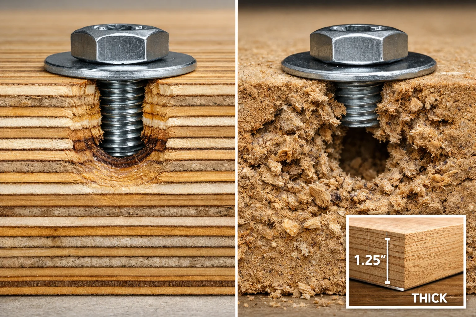 Cross-section comparison of 13-ply plywood and MDF around a bolted joint showing resistance to splitting versus hole wallowing