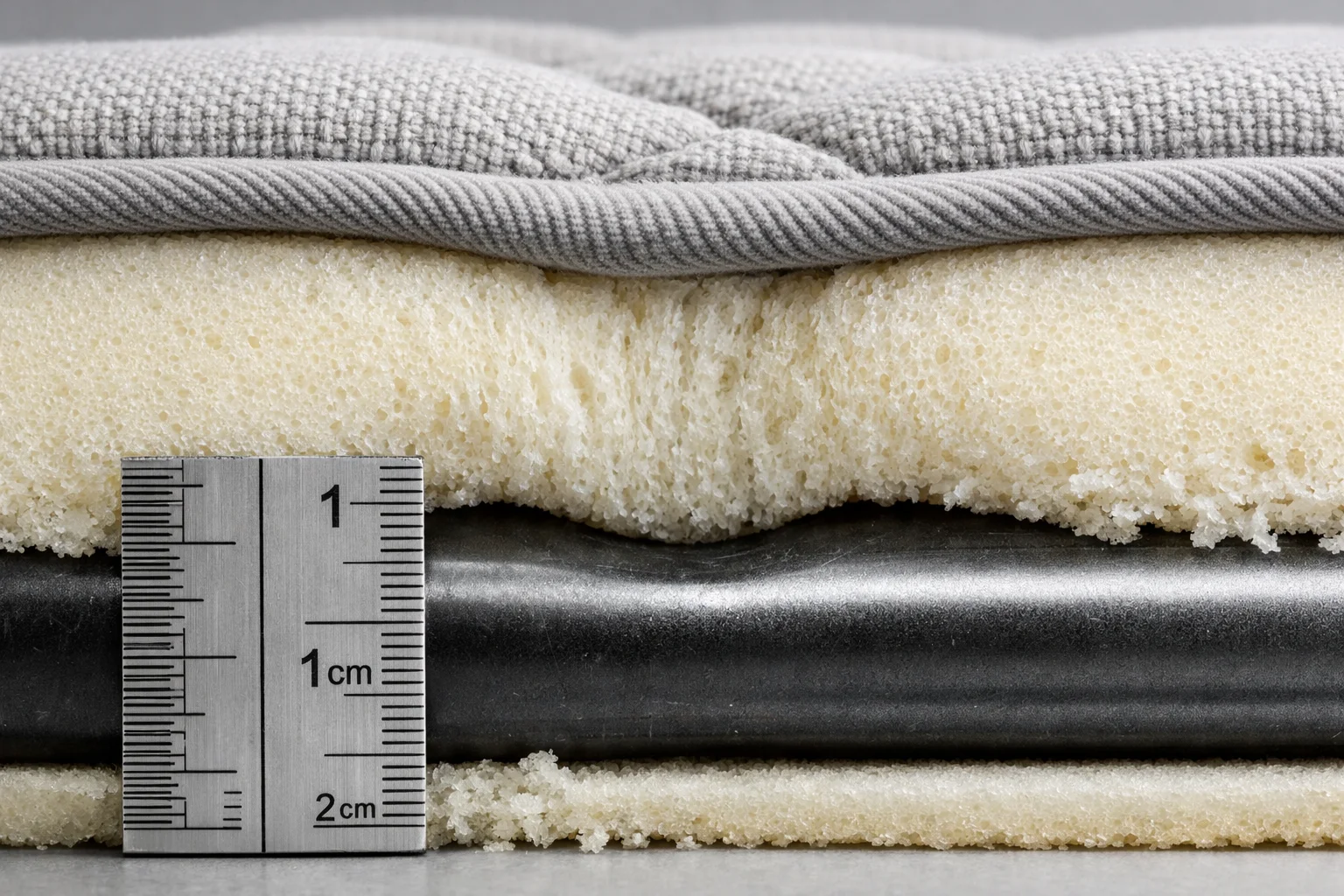 Macro cross-section showing thin sofa-bed mattress foam compressing down to a transverse steel support bar