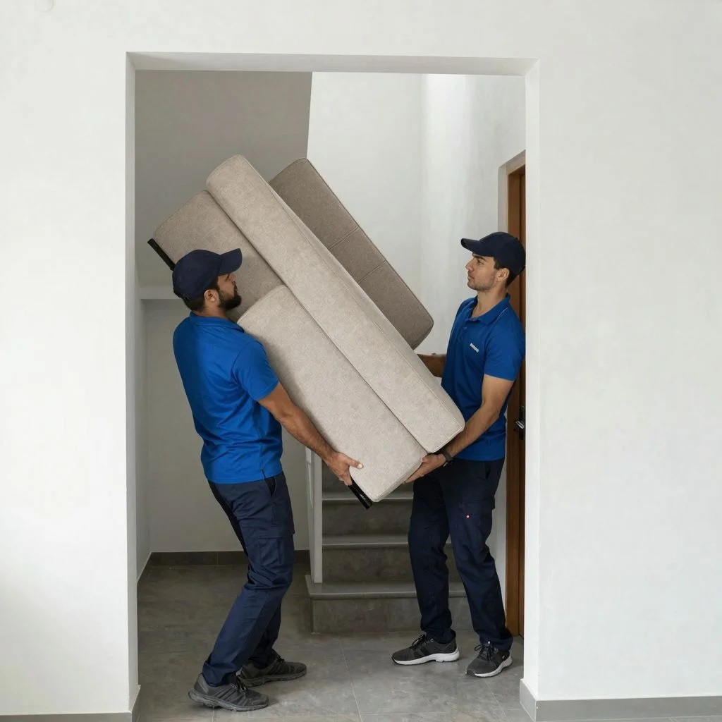 Frustrated person standing next to a massive cardboard box on a wet sidewalk