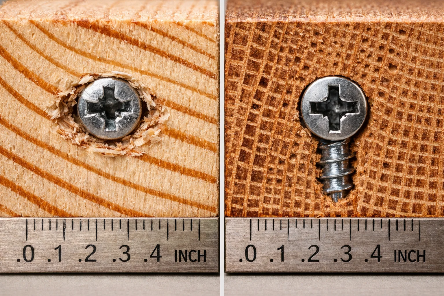 Macro of softwood versus hardwood end grain showing screw bite, stripped fibers, and density differences