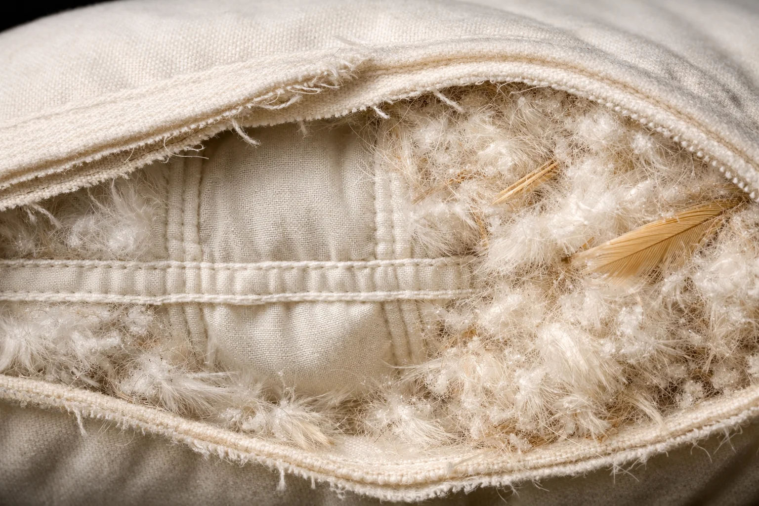 Close-up of chambered baffles inside a spring-down cushion showing down migration and clumping