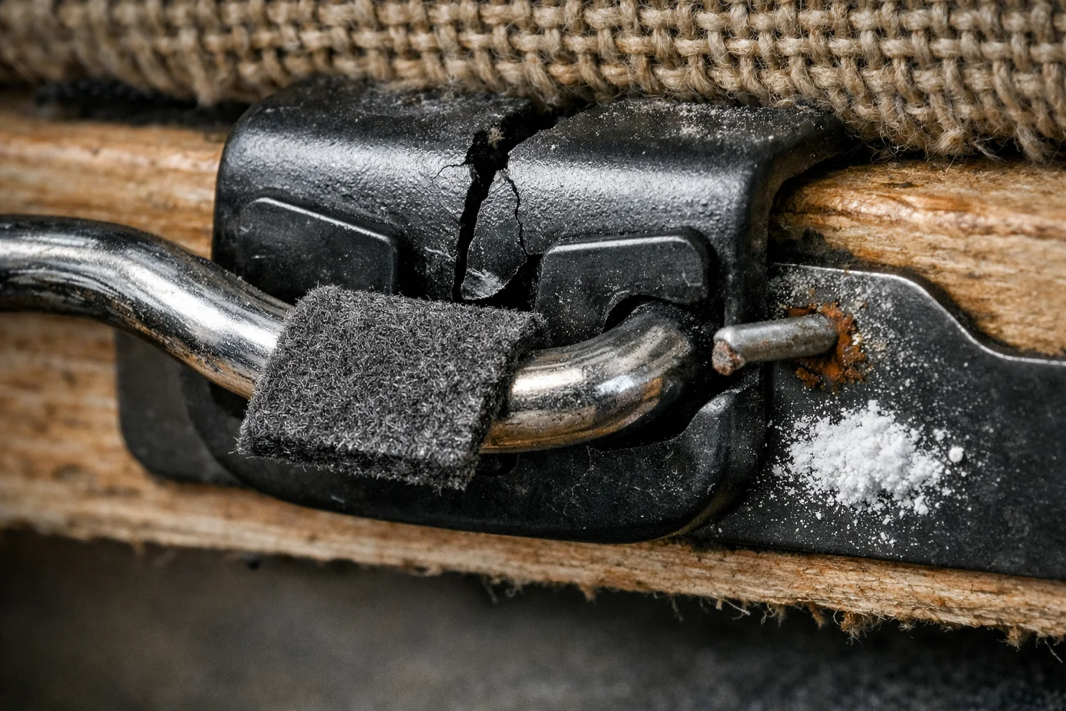 Close-up of a damaged spring clip and rub marks on a sinuous spring with felt and dry lubricant used to stop squeaking