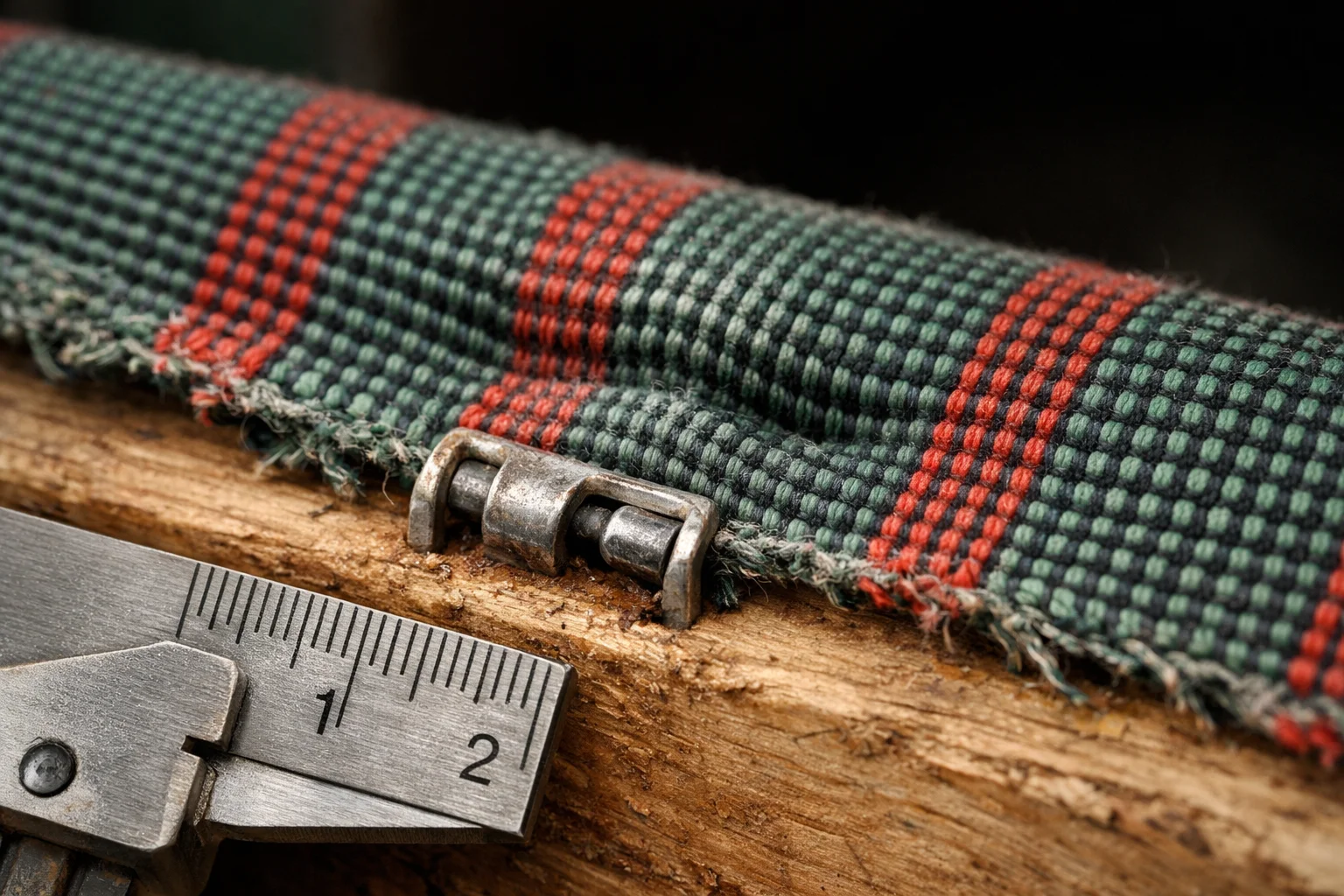Close-up of stretched elastic webbing fastened to a sofa frame, showing weave fatigue and attachment hardware