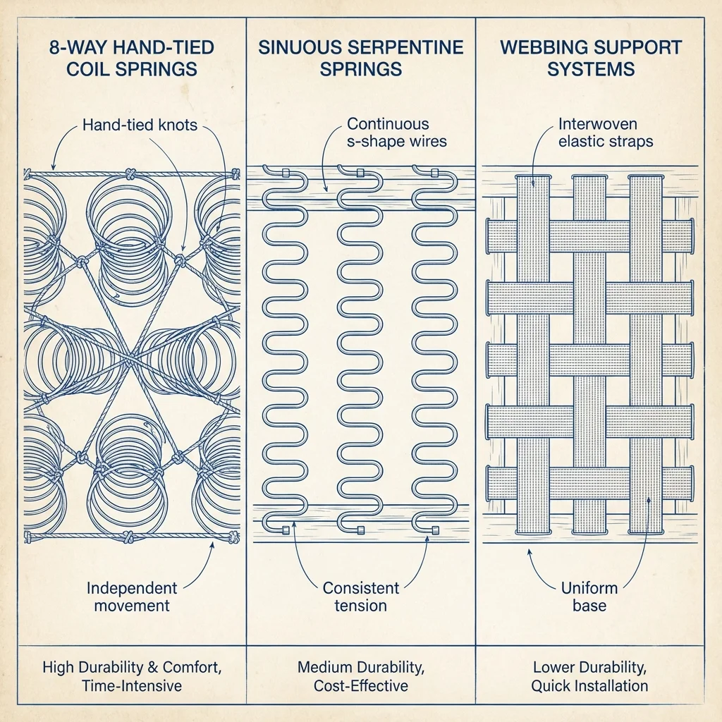 Diagram comparing the energy return of steel springs vs the energy absorption of elastic webbing