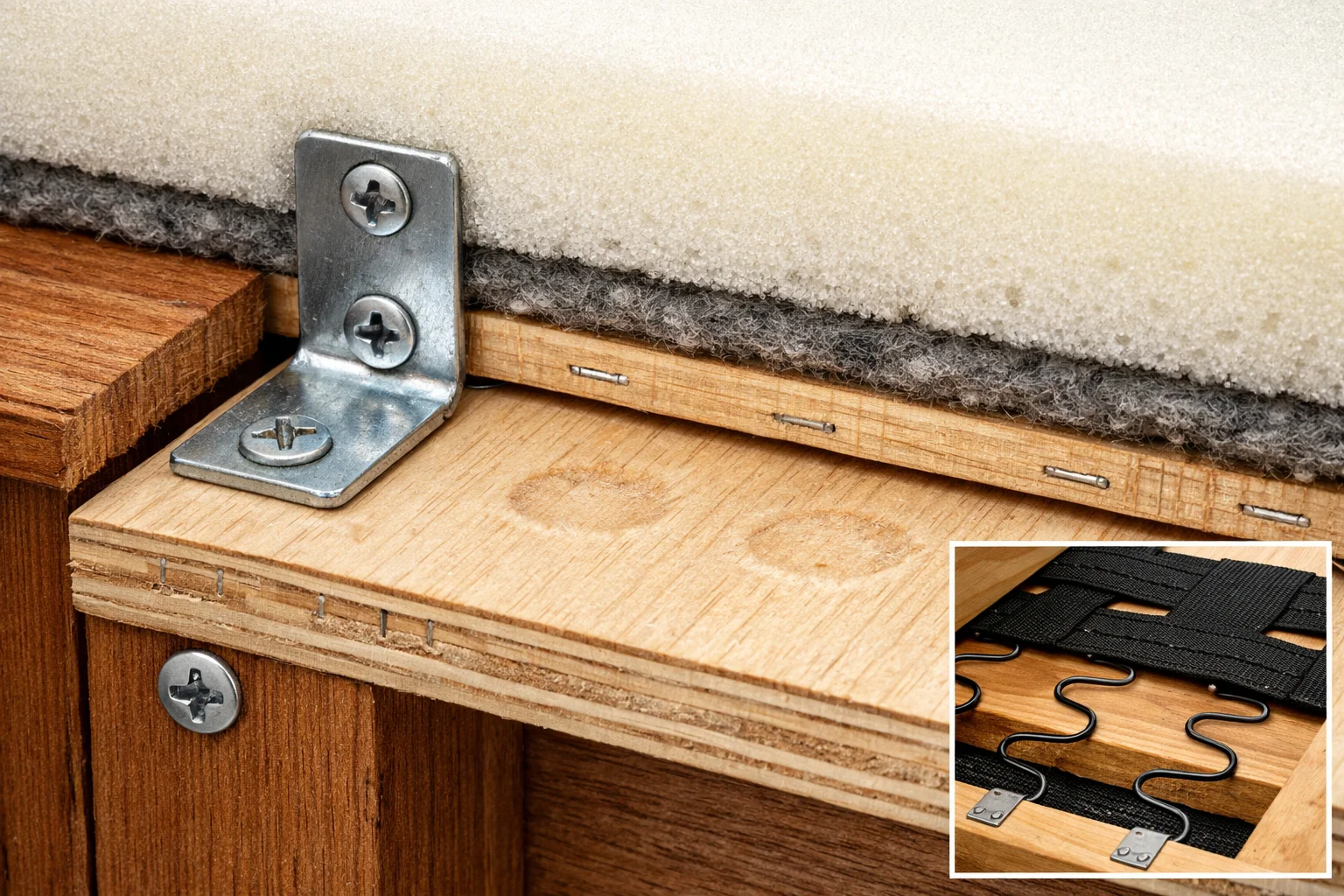 Close-up of a rigid plywood deck under a storage seat with foam compression showing bottoming-out risk