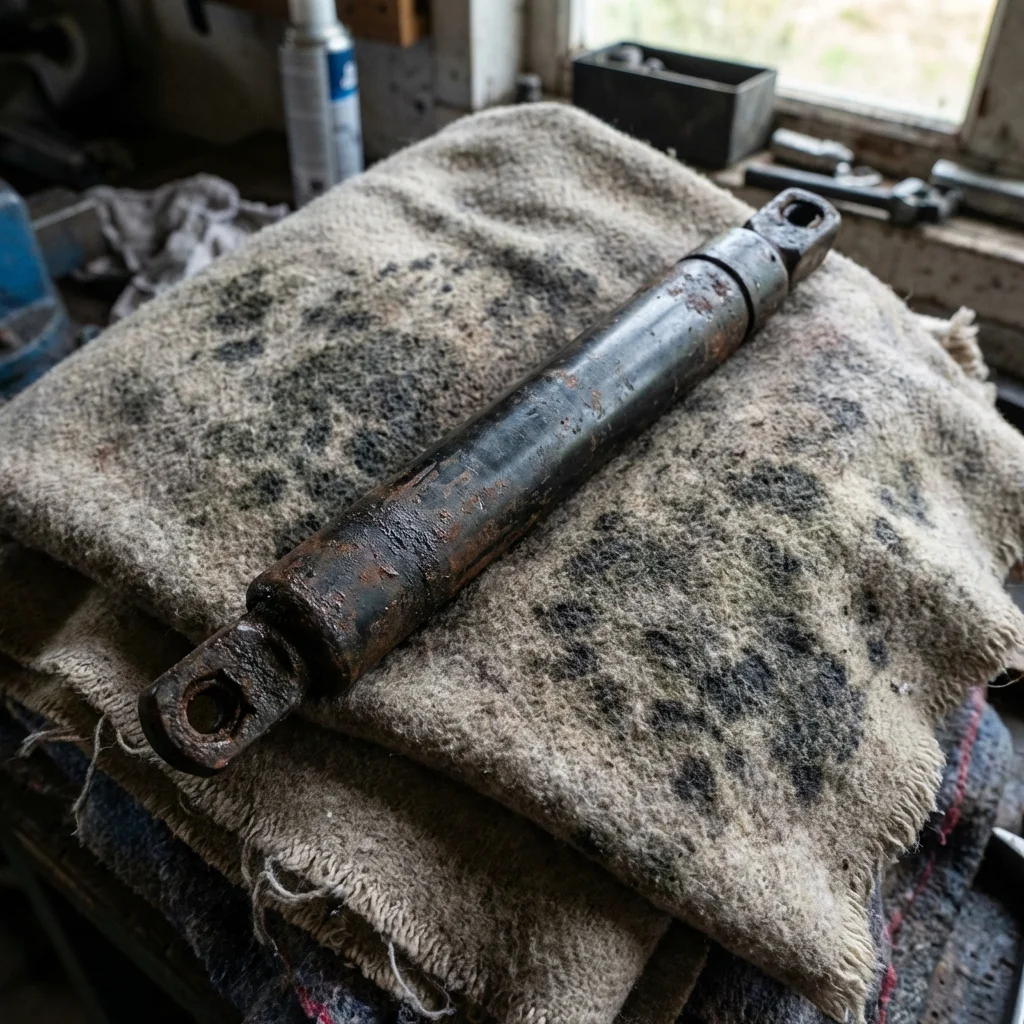 Close up of a failed gas strut and mildewed linens
