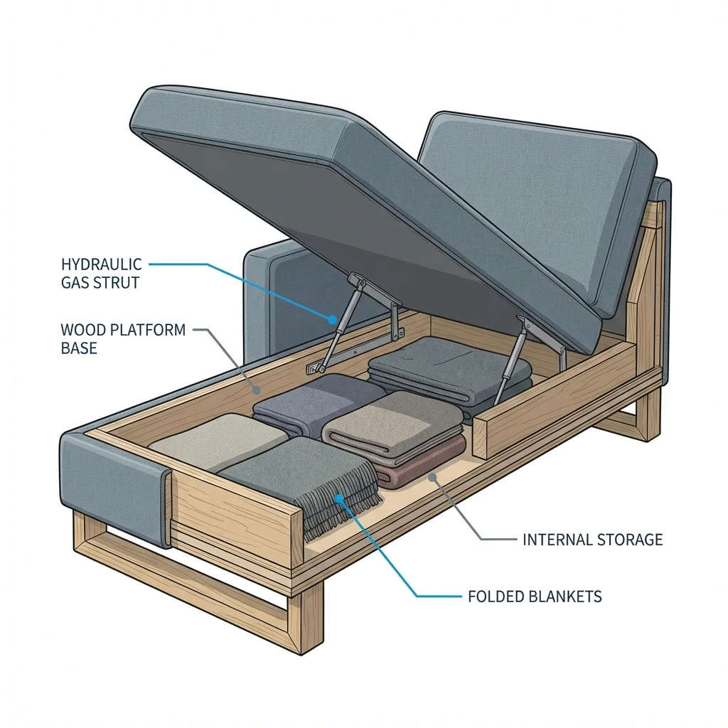 Diagram of a hydraulic gas strut in a storage chaise