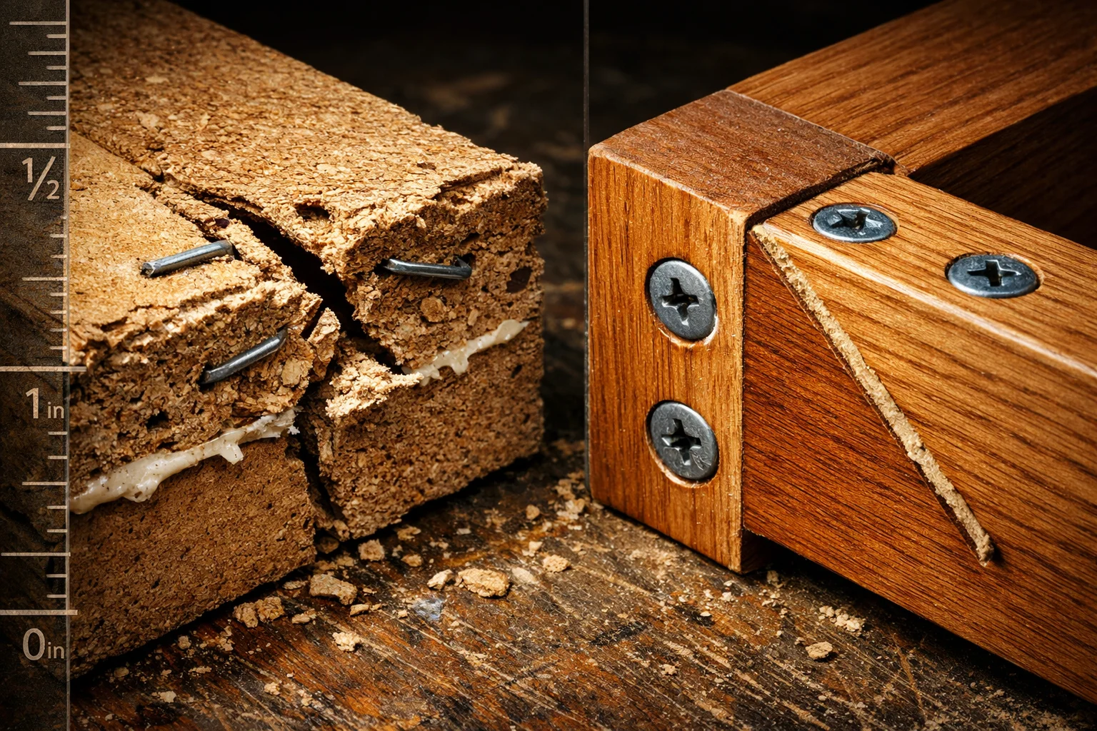 Close-up of a cracked sofa frame corner joint with staples pulling out of particleboard