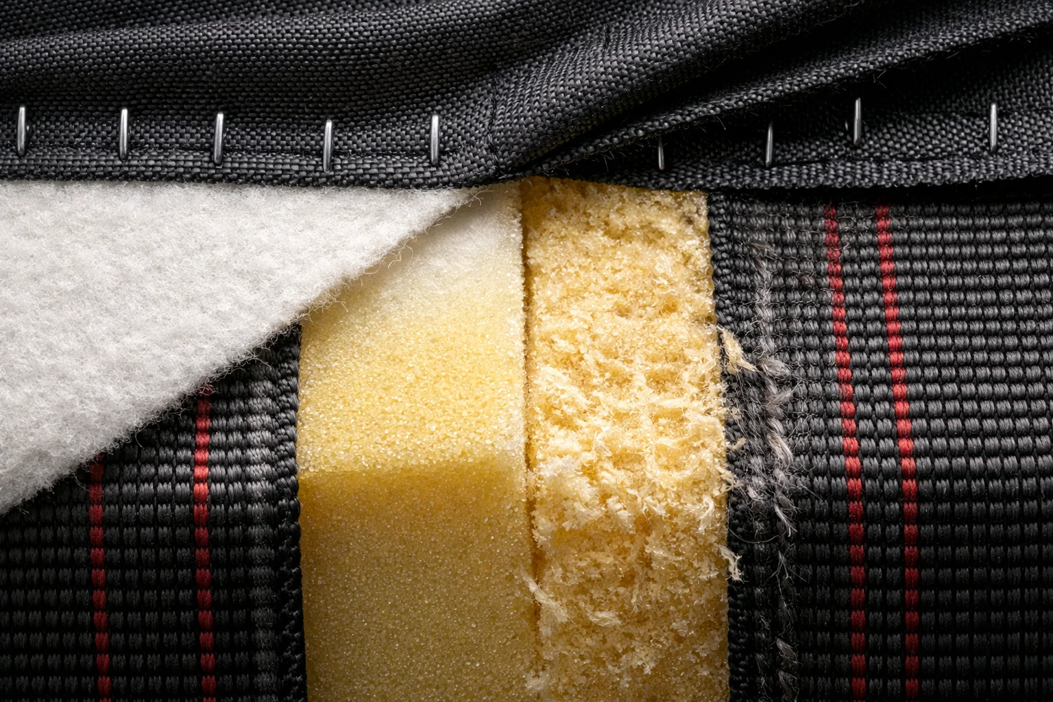 Macro view of decking fabric and insulator pad preventing elastic webbing from abrading the foam cushion base