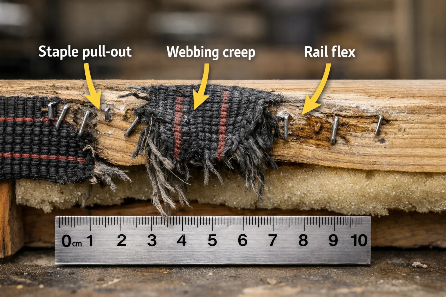 Close-up of sagging sofa webbing with staple pull-out and frayed fibers at the frame rail
