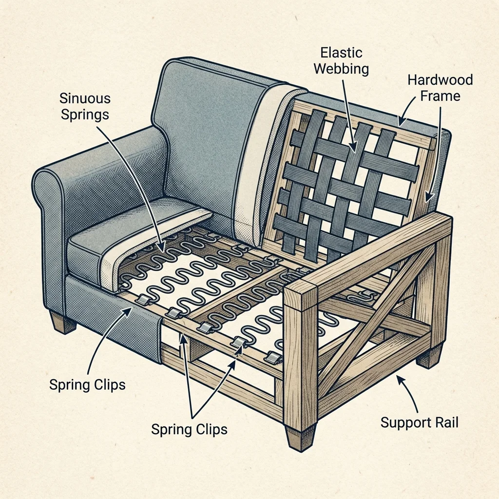 Diagram showing the three main support systems: Webbing, Sinuous Springs, and Coil Springs