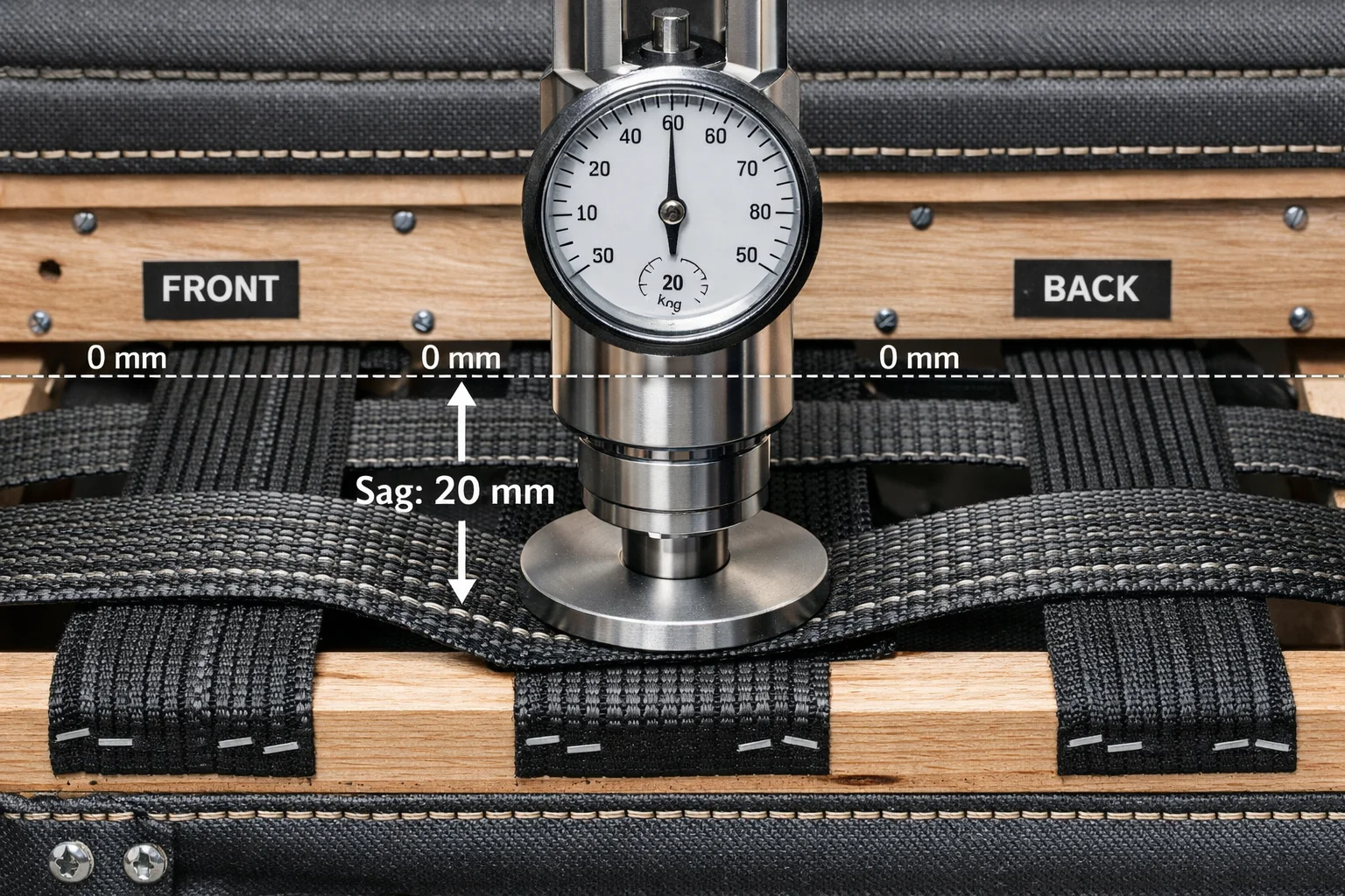 Macro view of a sofa seat base with a compression gauge showing inconsistent resistance across front, center, and back test zones.