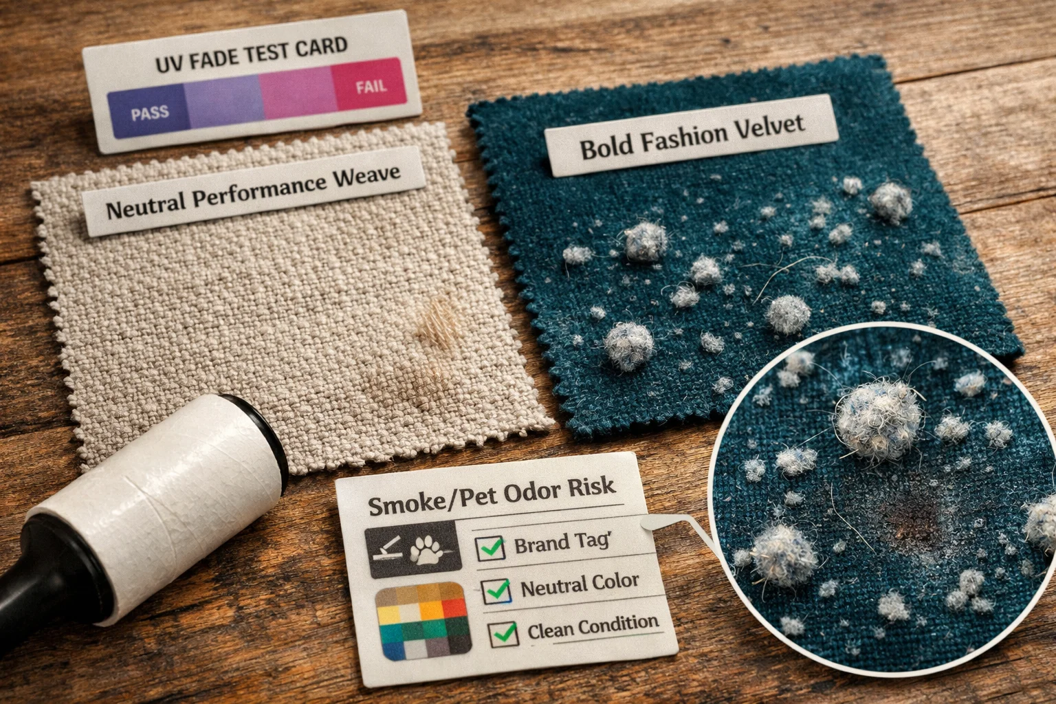 Close-up of upholstery pilling, staining, and fabric weave details alongside a resale checklist for brand, color, and condition