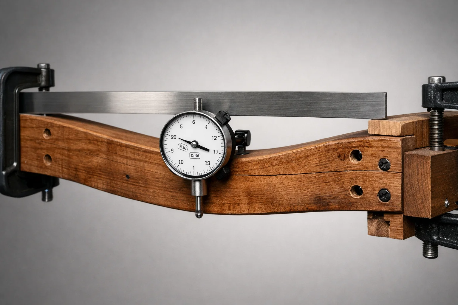 Close-up of a sectional chaise side rail with a straightedge and dial indicator measuring a bowed, sagging span