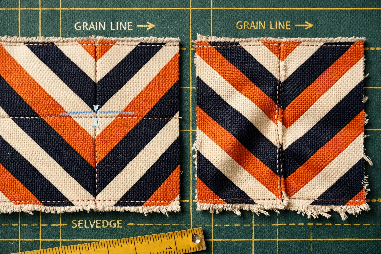Close-up of a patterned upholstery fabric seam showing precise motif alignment compared to a slightly misaligned join