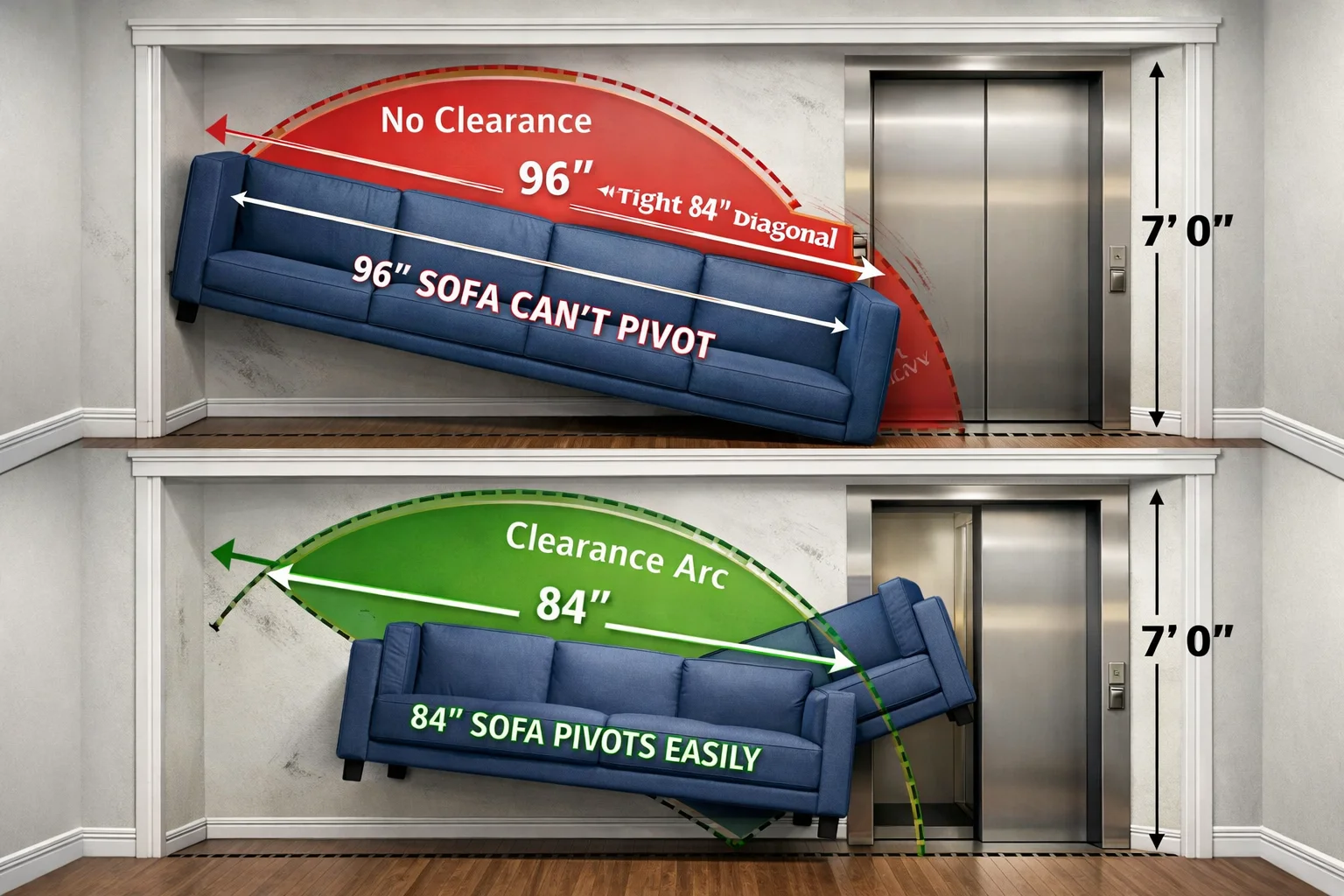 Dimensioned diagram of a hallway-to-elevator pivot showing clearance limits that prevent moving a rigid 96-inch sofa but allow an 84-inch section