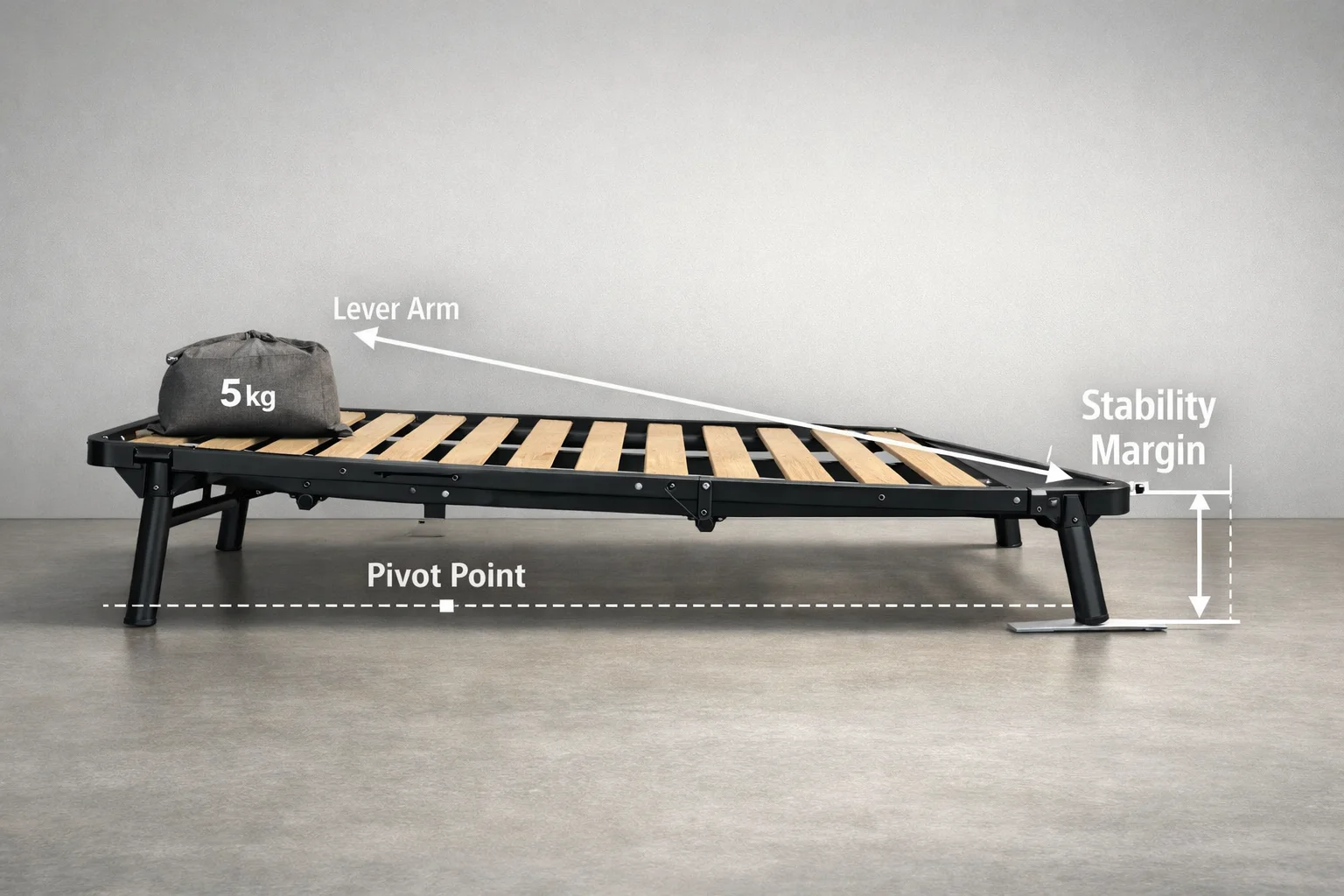 Side profile of a click-clack sofa bed showing rear overhang acting as a lever that can lift the front legs when loaded at the headrest edge.