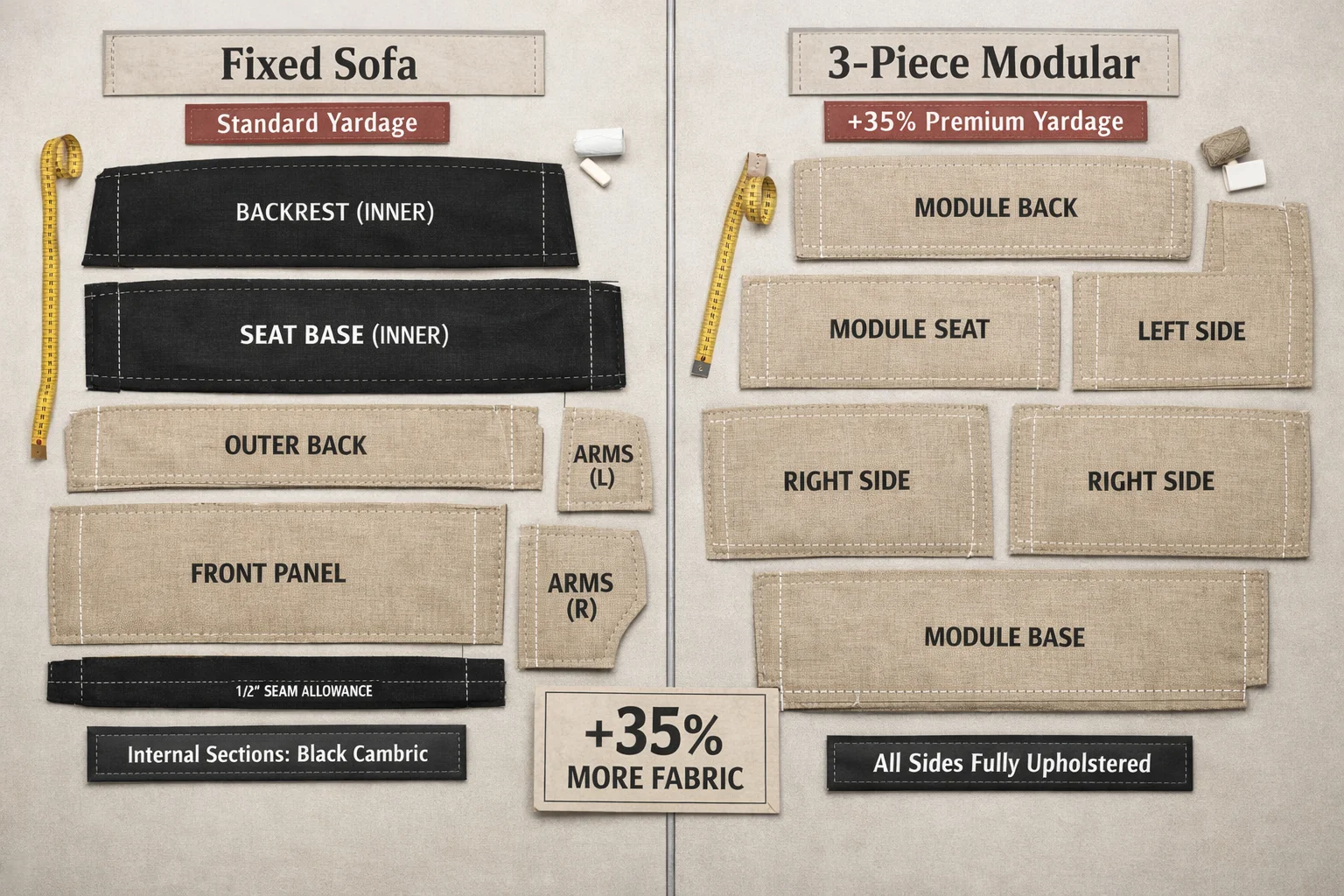 Flat-lay of cut upholstery panels comparing fixed-sofa fabric efficiency to modular units requiring fully upholstered sides.