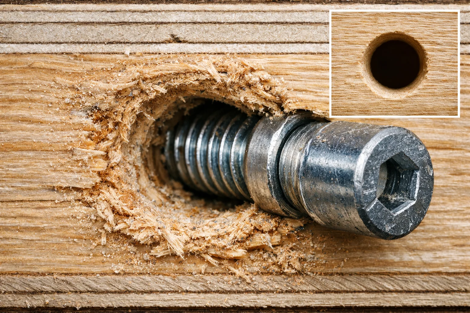 Close-up of a knock-down sofa bolt joint showing ovalized holes and fiber crushing from repeated moves