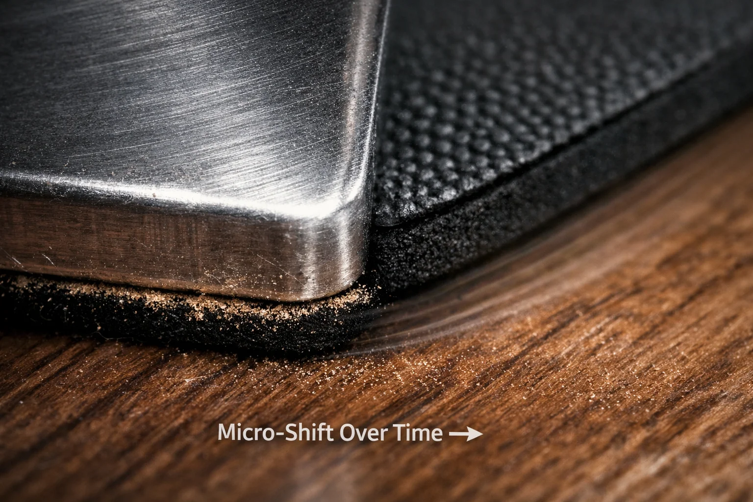 Close-up of recliner base plate edge scuffing hardwood next to a non-slip rubber pad