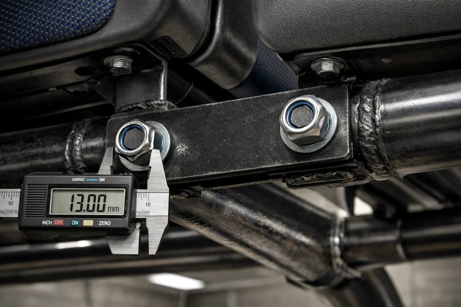 Close-up of a bolted gang connector plate joining two waiting-room chair frames with heavy-gauge steel and locking hardware