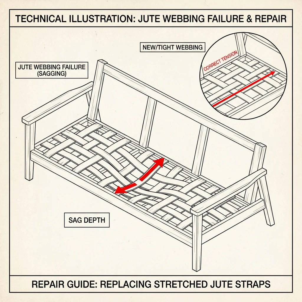 Diagram showing how webbing stretches over time, lowering the seat height