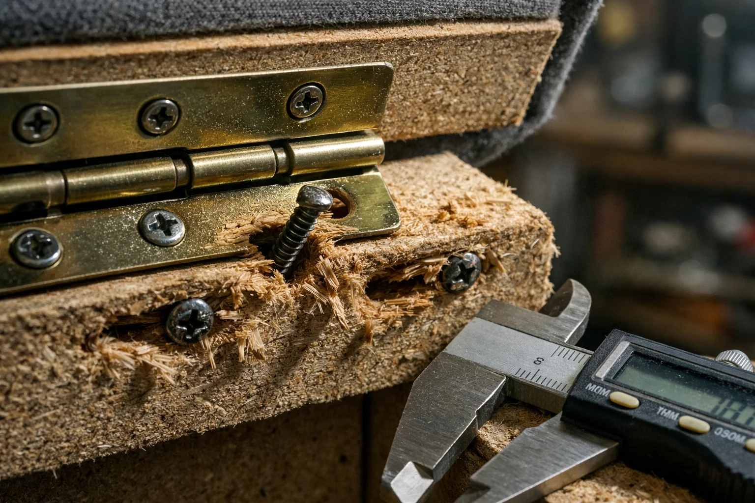 Close-up of storage lid hinge screws showing shear-out and elongated holes from dynamic loading