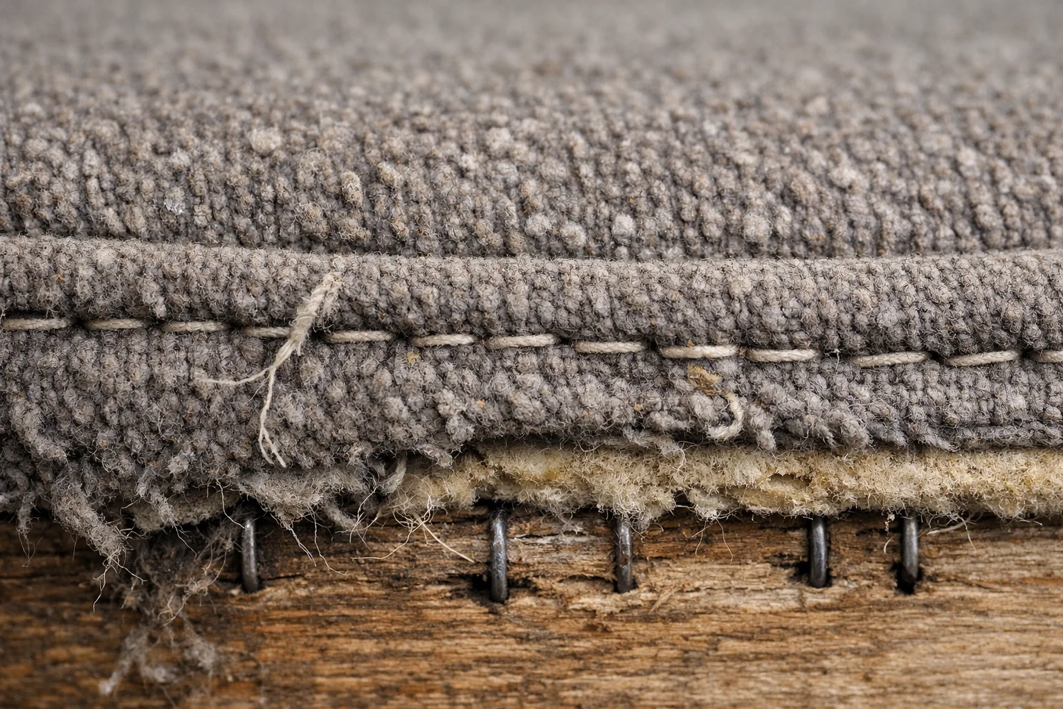 Close-up of sofa upholstery wear with pilling, seam strain, and exposed staple line