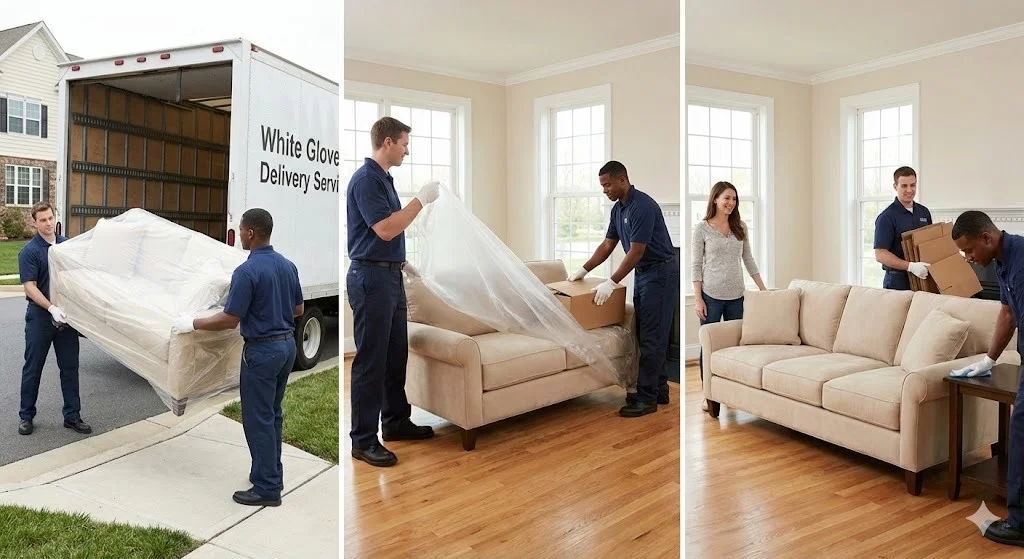 Professional delivery team carefully moving a sofa into a living room