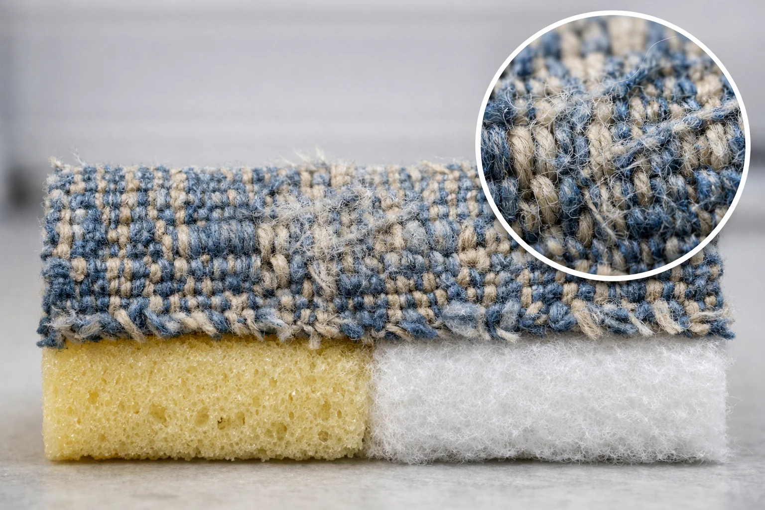 Cross-section close-up showing how bare foam can abrade upholstery fabric compared with a batting wrap barrier